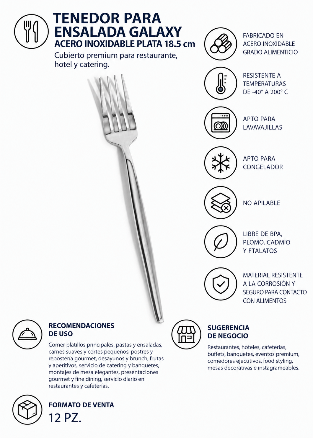 Tenedor de acero inoxidable para ensaladas y entradas