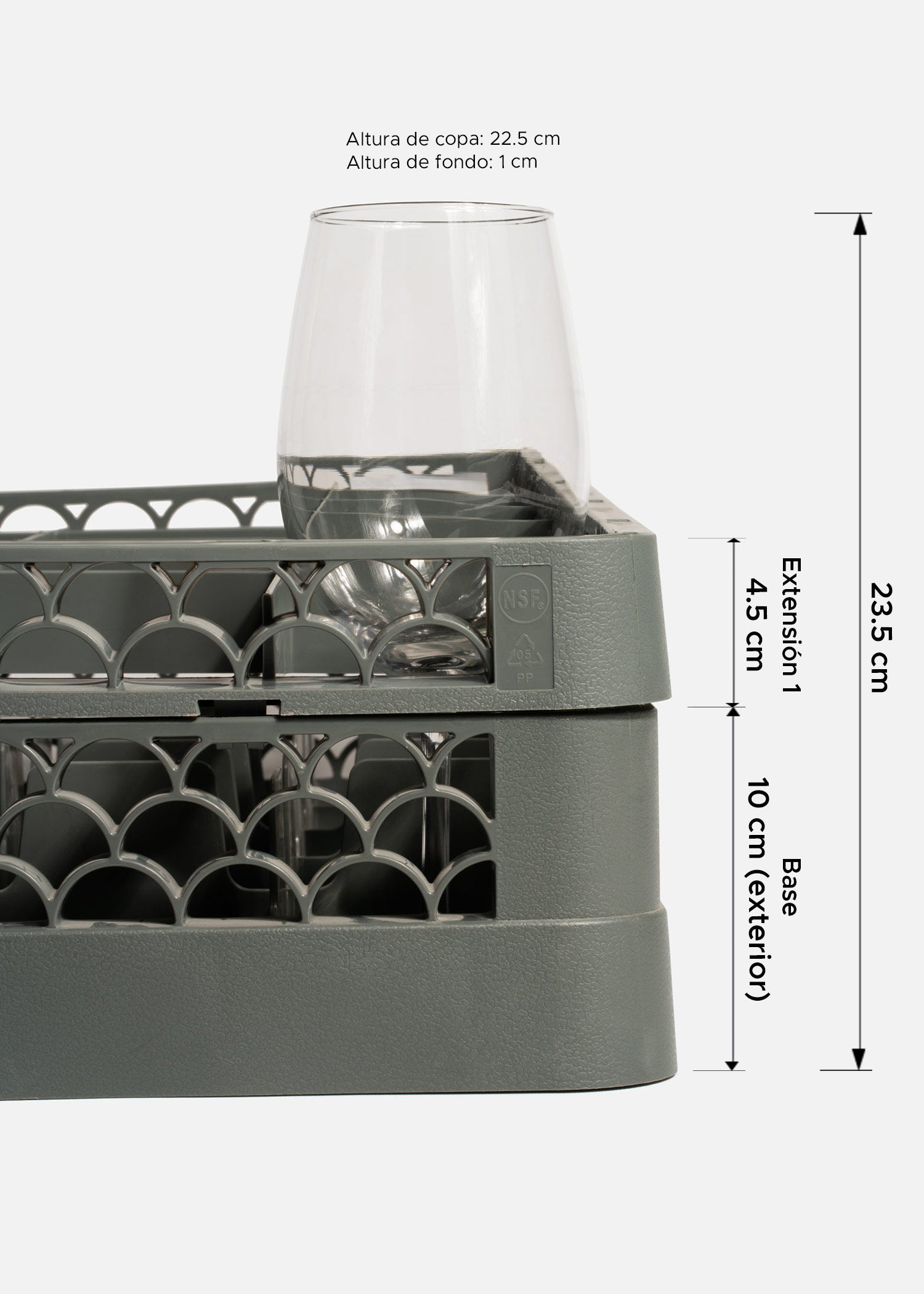 Transportadora de plástico gris para 25 copas y vasos highball 50x50 cm