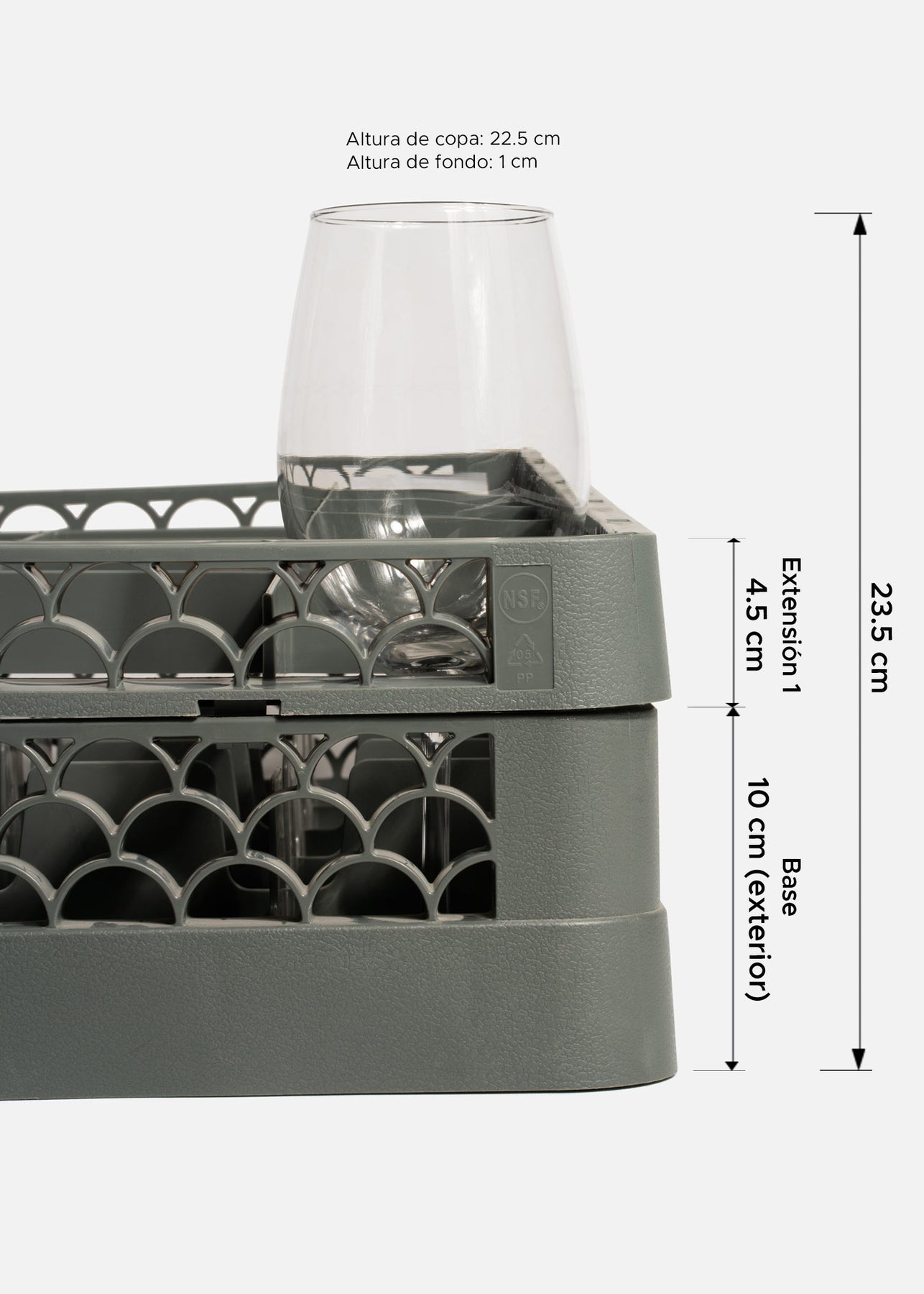 Transportadora de plástico gris para 25 copas y vasos highball 50x50 cm