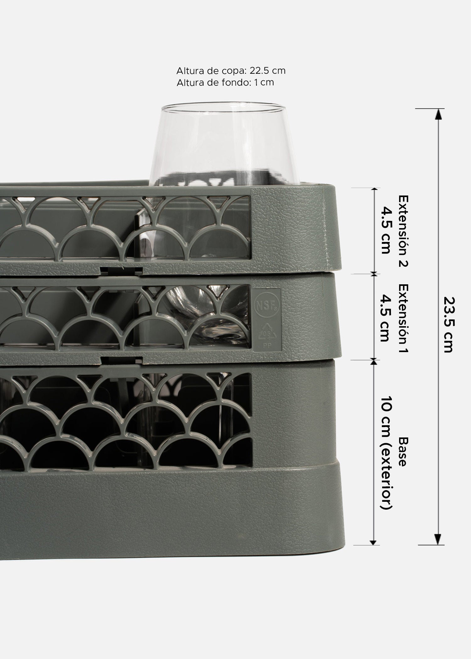 Transportadora de plástico gris para 25 copas y vasos highball 50x50 cm