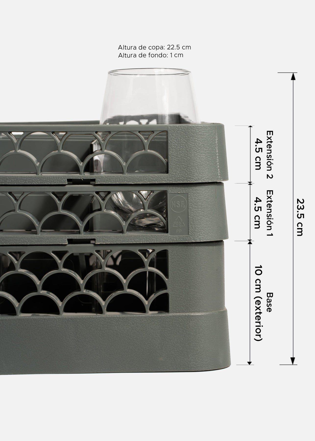 Transportadora de plástico gris para 25 copas y vasos highball 50x50 cm