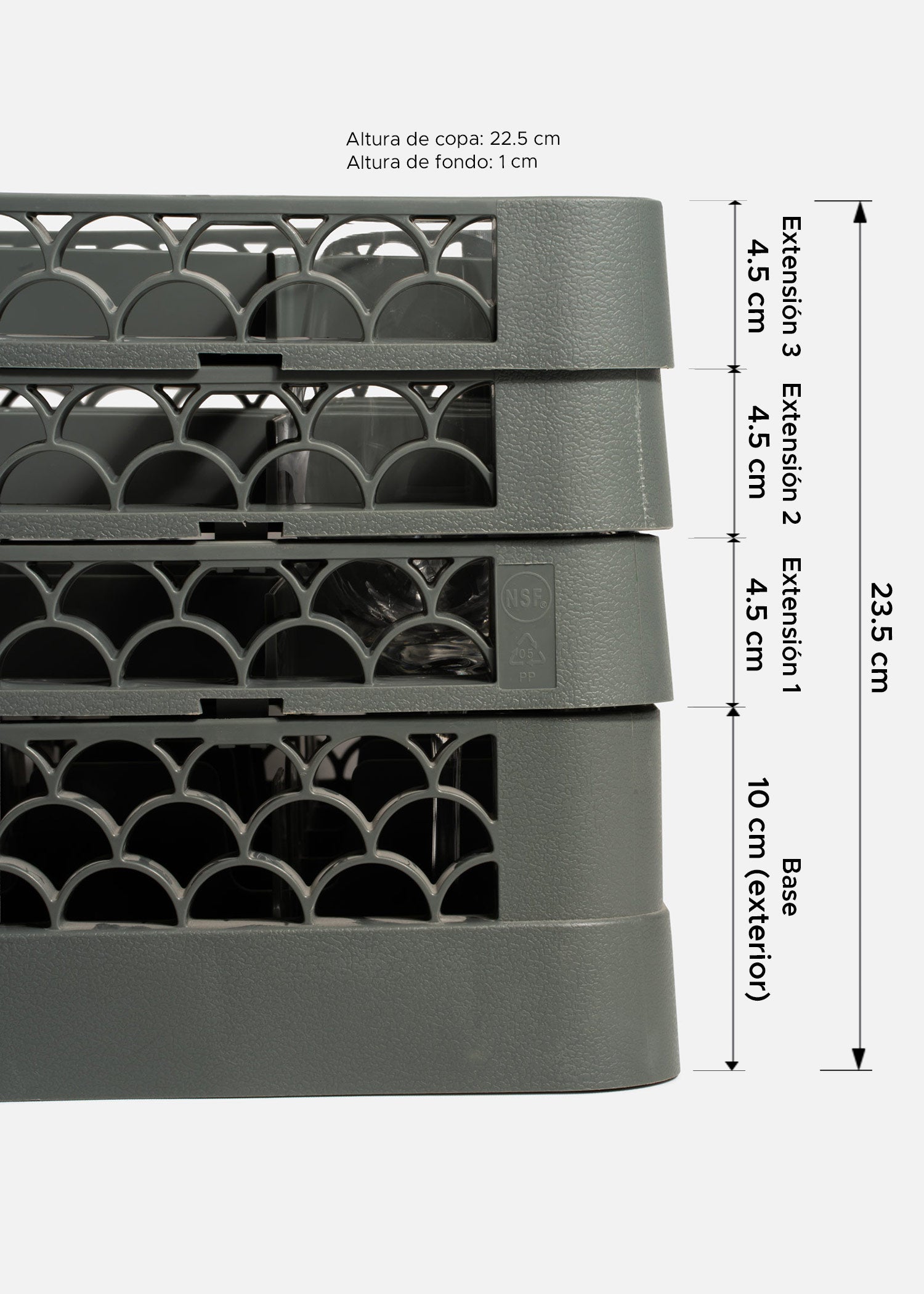 Transportadora de plástico gris para 25 copas y vasos highball 50x50 cm