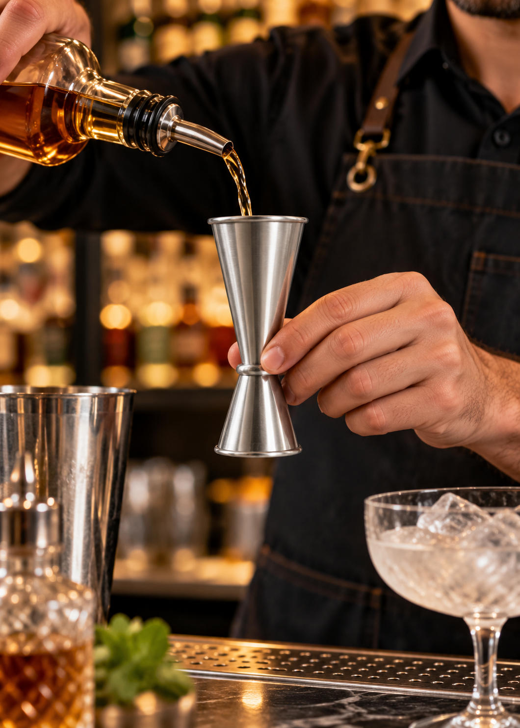 Jigger japones de acero inoxidable para medir cocteles en mixologia profesional