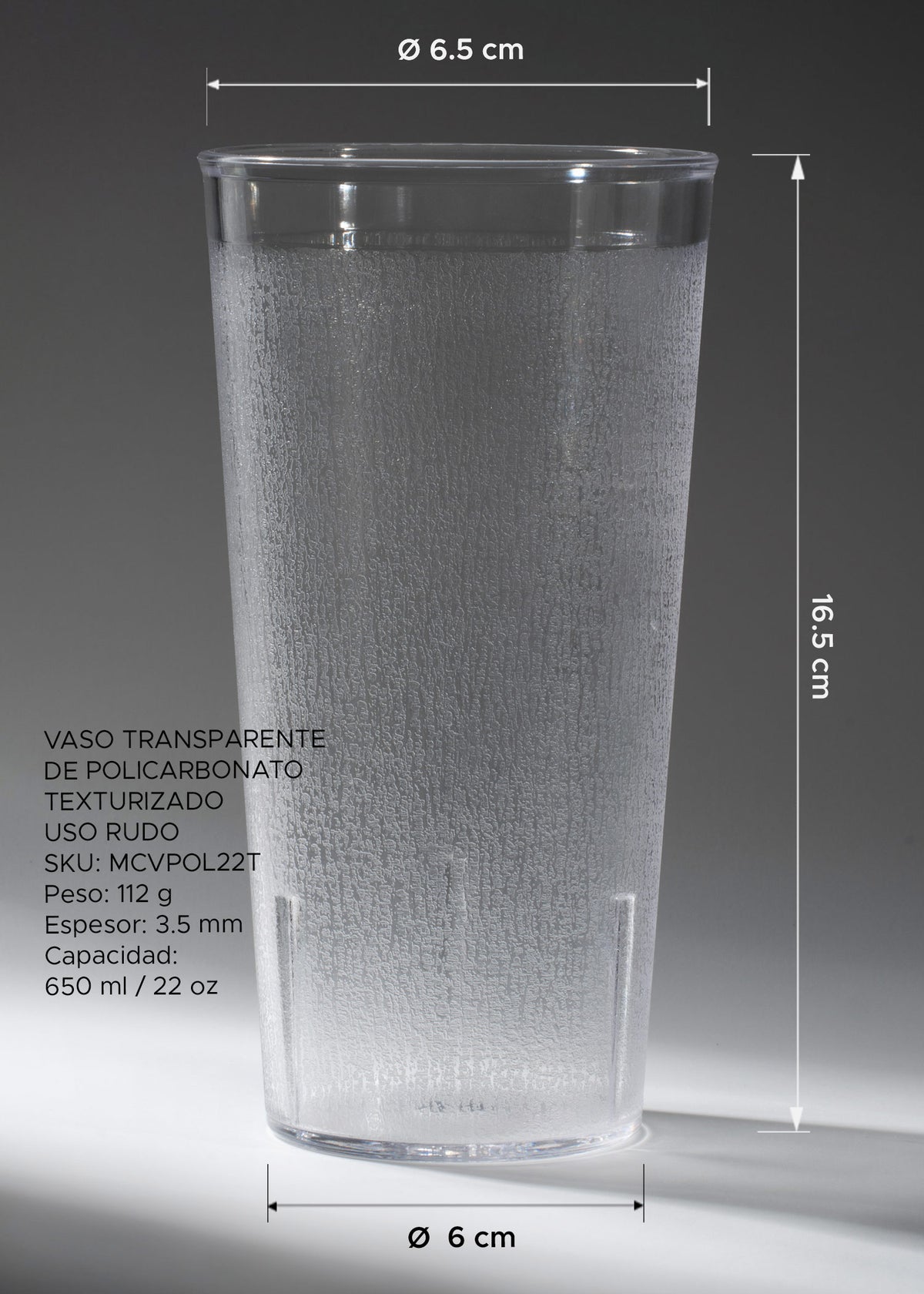 Medidas del vaso para bebidas de policarbonato transparente texturizado de 650 ml.
