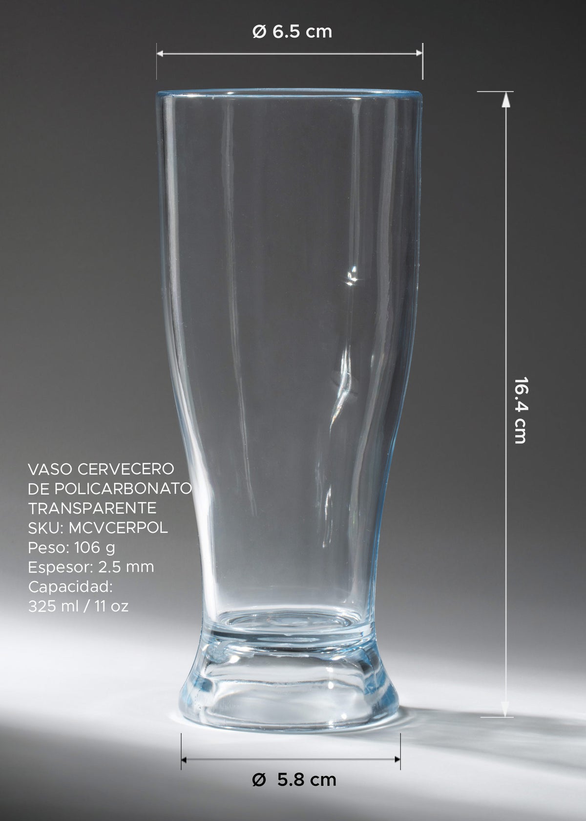 Medidas del vaso cervecero transparente de policarbonato tipo Weizen de 325 ml.