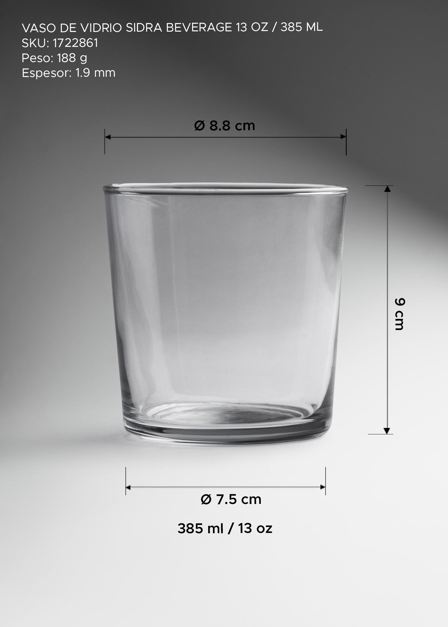 Vaso double Old Fashion de vidrio transparente Sidra Beverage 385 ml