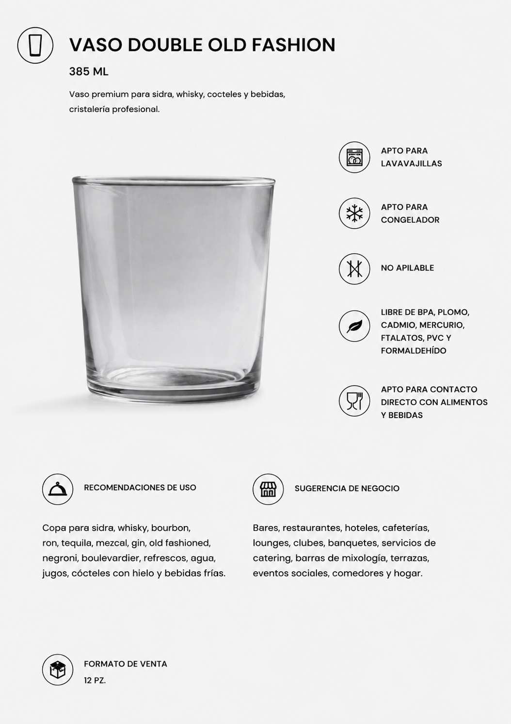 Vista frontal del vaso Double Old Fashioned Sidra Beverage