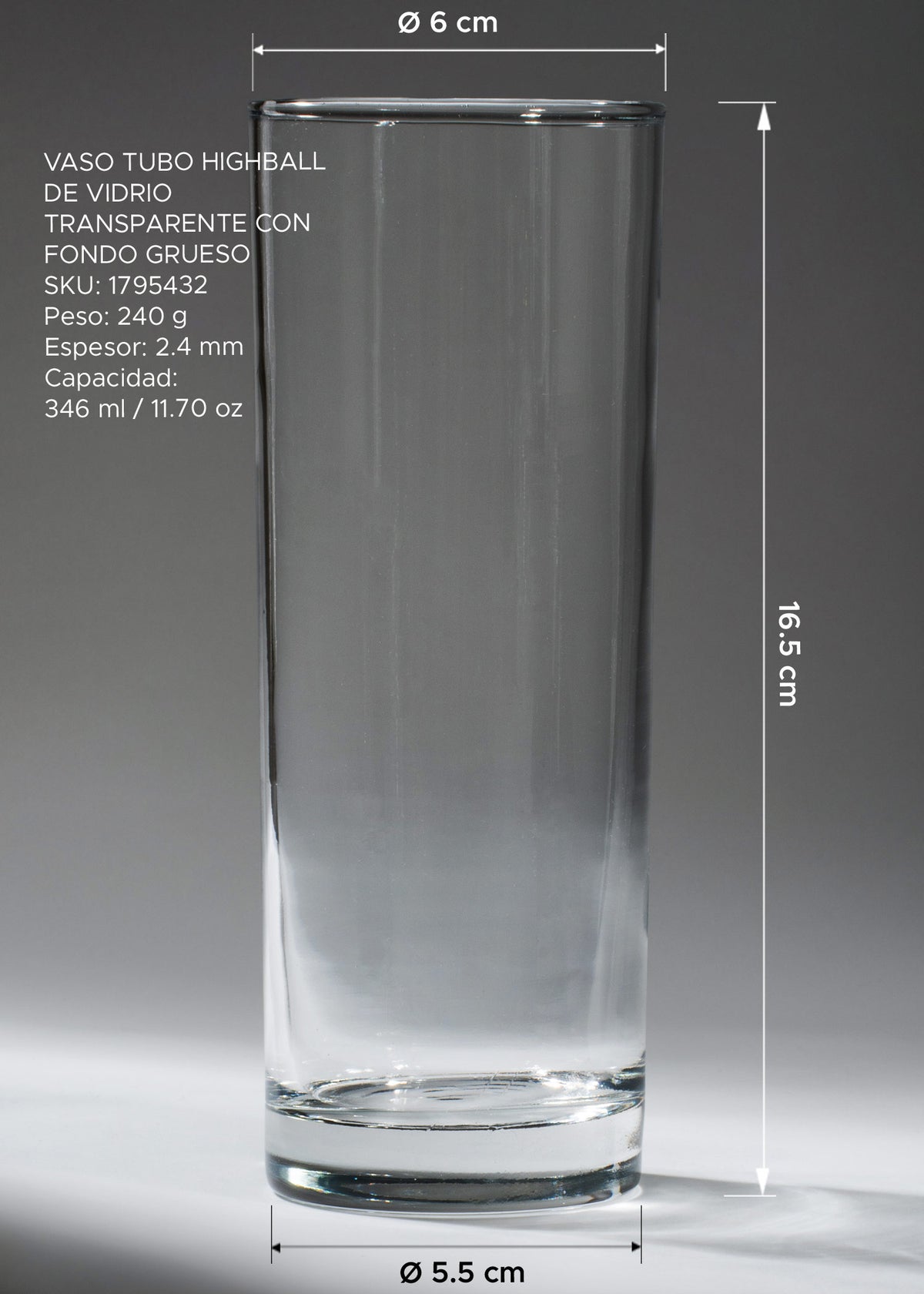 Medidas de vaso highball 346 ml: alto 16.5 cm, boca 6 cm y base 5.5 cm.
