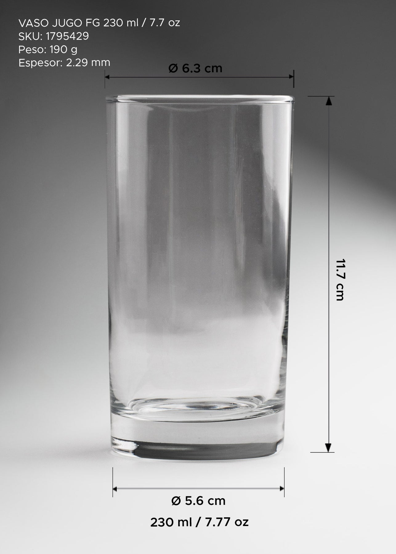 Vaso para jugo de cristal transparente fondo grueso 230 ml