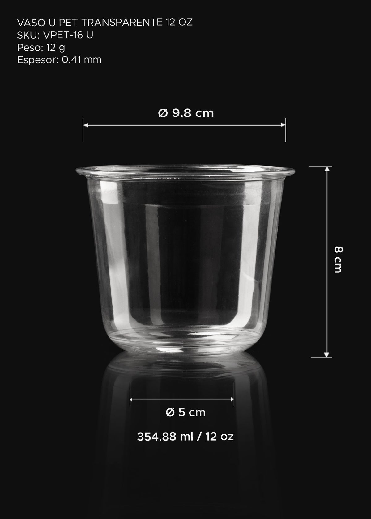 Detalle de Vaso de polietileno transparente U Pet 12 oz para cafeterias, restaurantes, juguerias, neverias, delivery y eventos