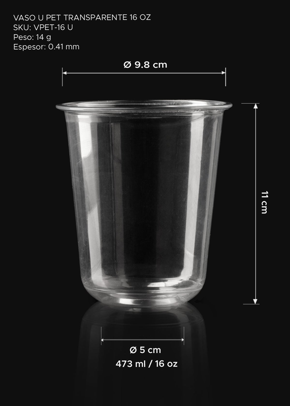 Detalle de Vaso de polietileno transparente U Pet 16 oz para cafeterias, restaurantes, juguerias, neverias, delivery y eventos