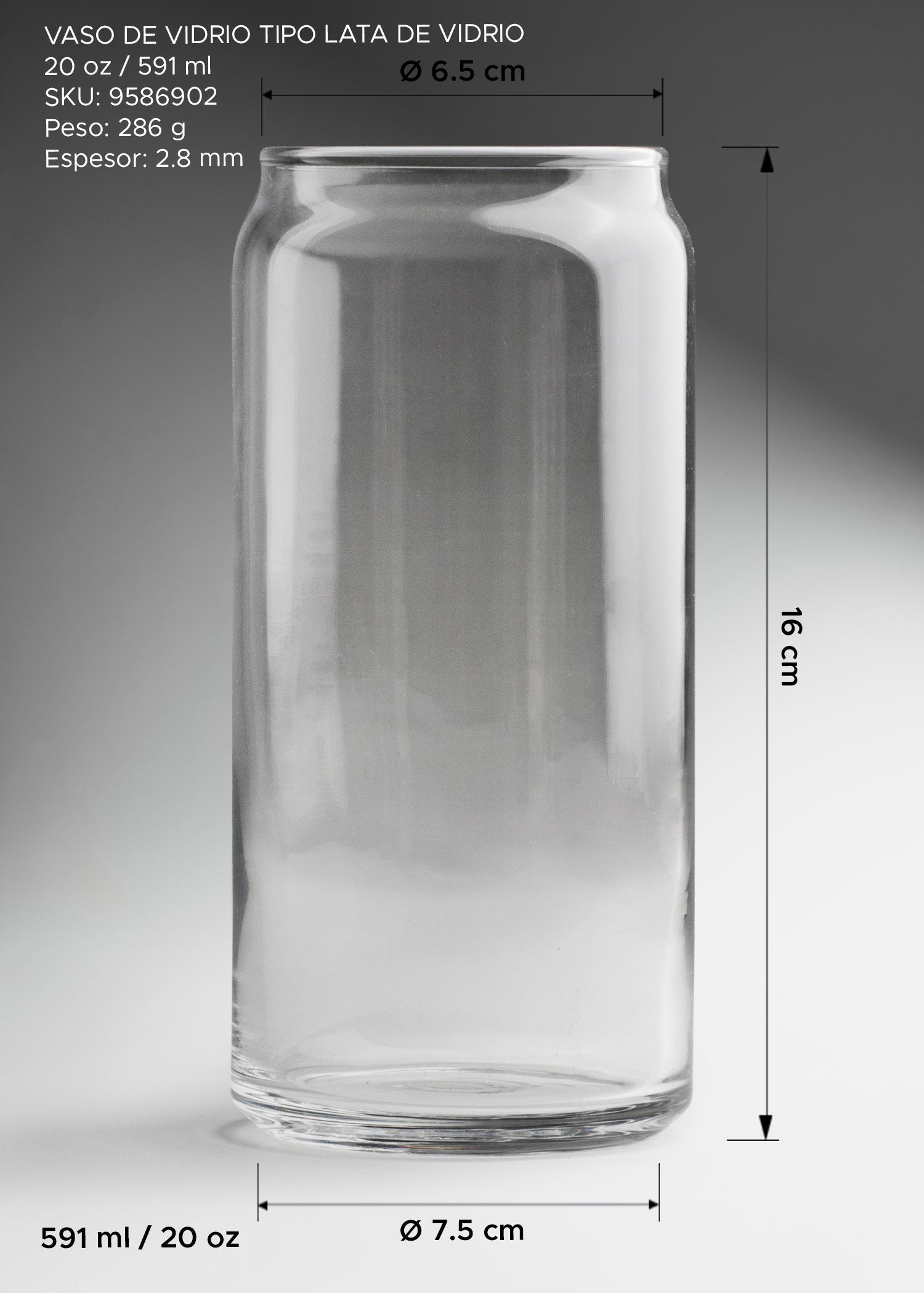 Vaso de vidrio tipo lata de 591 ml para cerveza