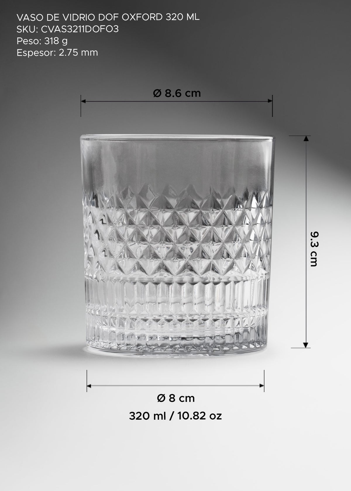 Vaso old fashion de vidrio transparente premium ideal para whisky y cocteles Dof Oxford 320 ml (11 oz) — imagen de producto