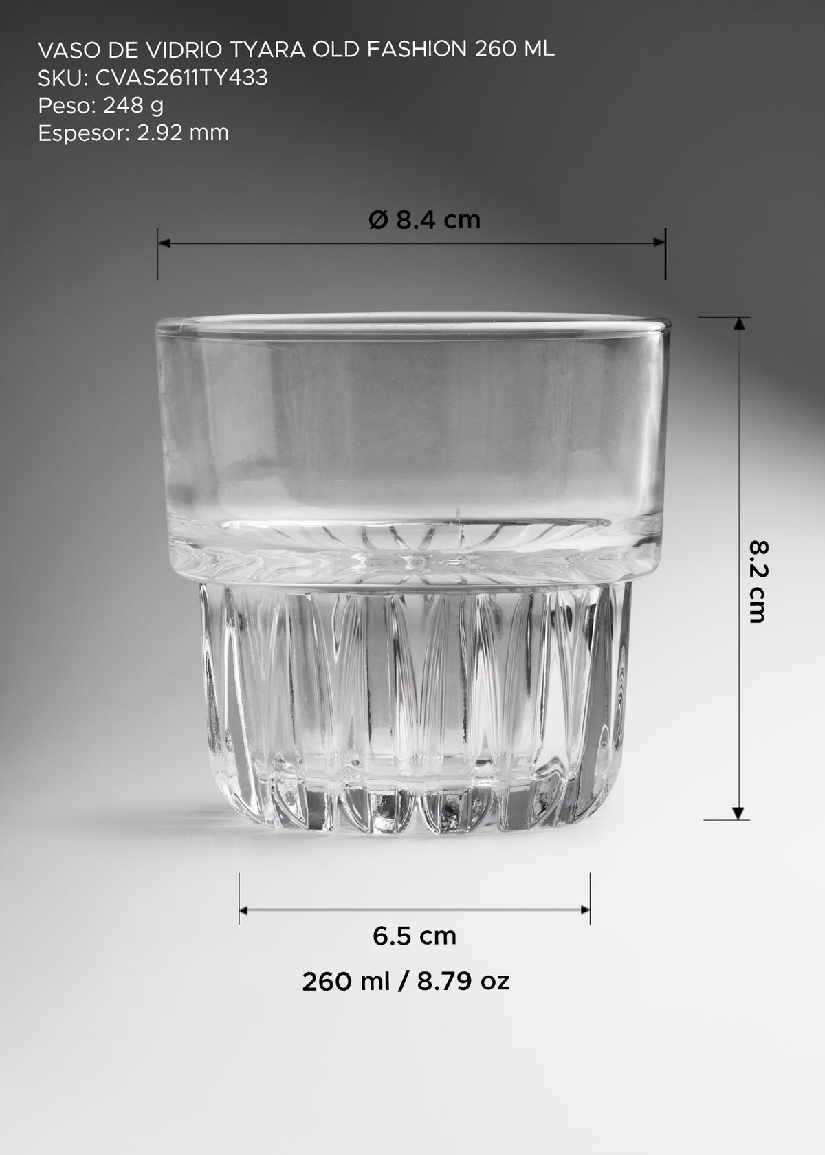 Vaso old fashion de vidrio transparente premium ideal para whisky y cocteles Tyara 260 ml (9 oz) — imagen de producto