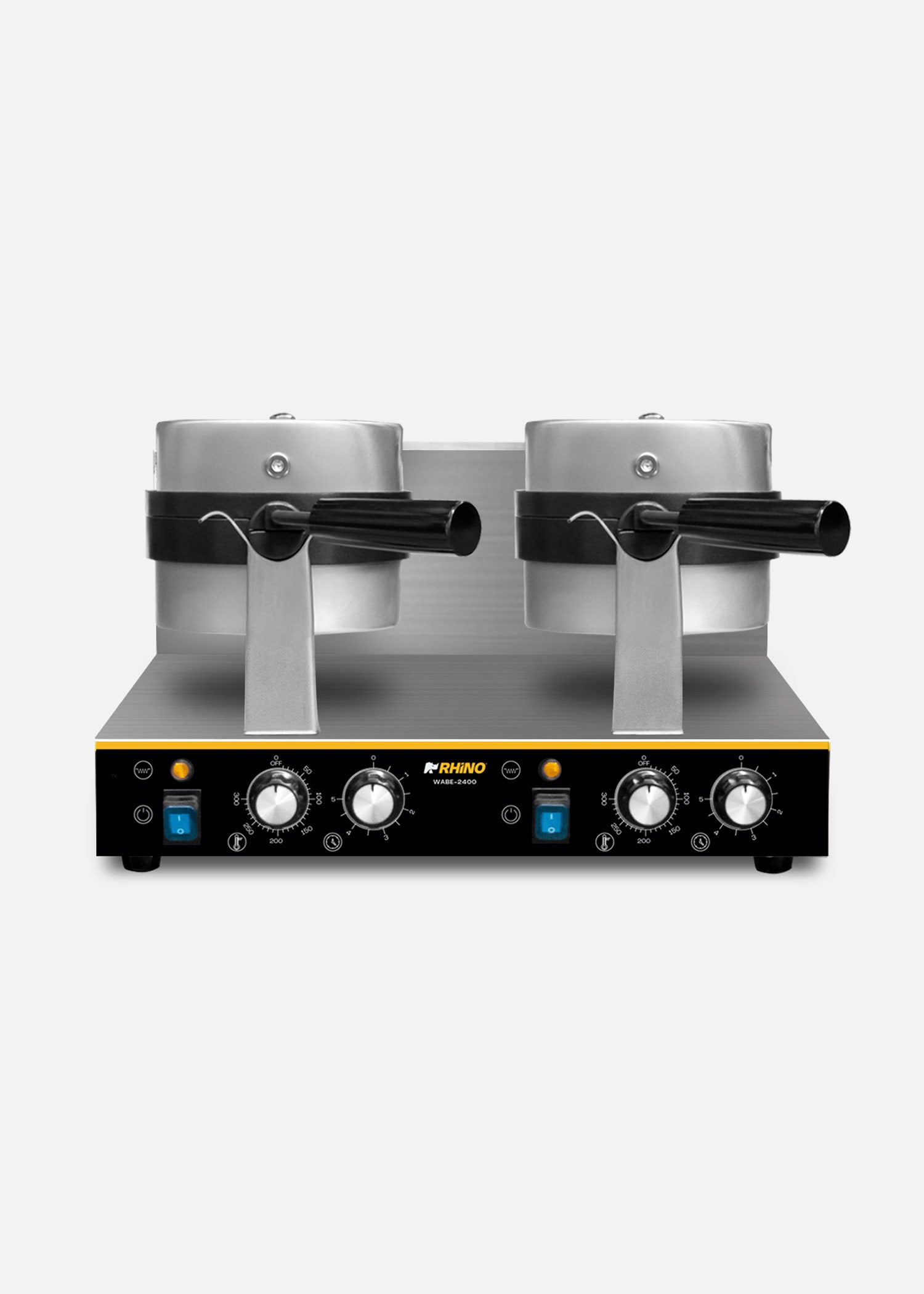 Waflera belga profesional giratoria doble 1800 Watts. Rango de temperatura de 50°C a 300° C. Platos de aluminio con recubrimiento de teflón. Cuerpo de acero inoxidable. Rhino WABE-2400